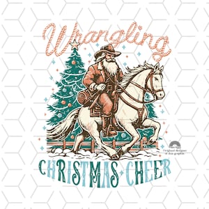 Sublimaciones navideñas occidentales, descargas de diseños, vintage, Papá Noel, descargas de sublimación de diseño de camisas, vaquero, alegría navideña disputada