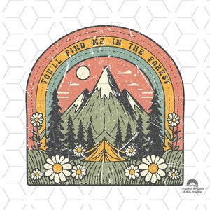 Sublimazioni vintage, download di disegni, Png, Clipart, design di magliette, retrò, montagna, furgone hippie, camper, campo, mi troverai nella foresta