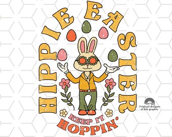Retro Groovy Easter Bunny PNG: Hippie Sublimation Design (Digital Download)