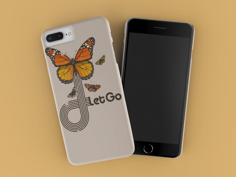 May include: A beige phone case with a butterfly design and the text "Let Go". The butterfly is orange and black with a white background. The case is for an iPhone.