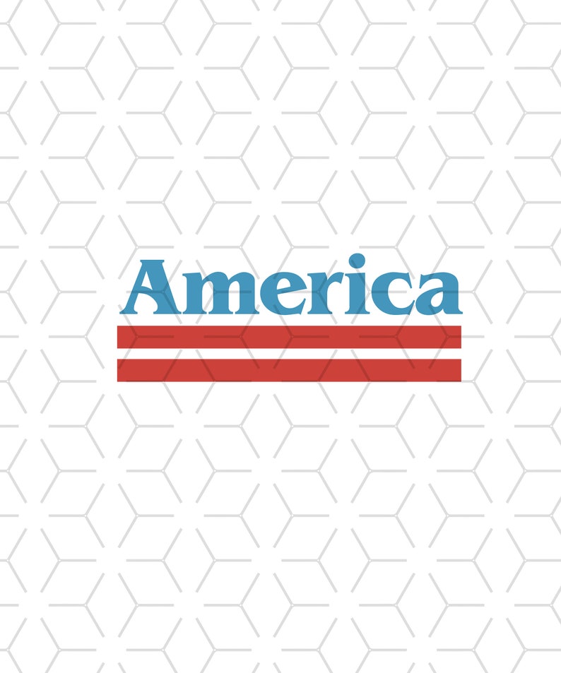 Op de afbeelding: Een witte achtergrond met een herhalend geometrisch patroon van grijze zeshoeken. Het woord "America" staat in blauwe letters met twee rode strepen eronder.