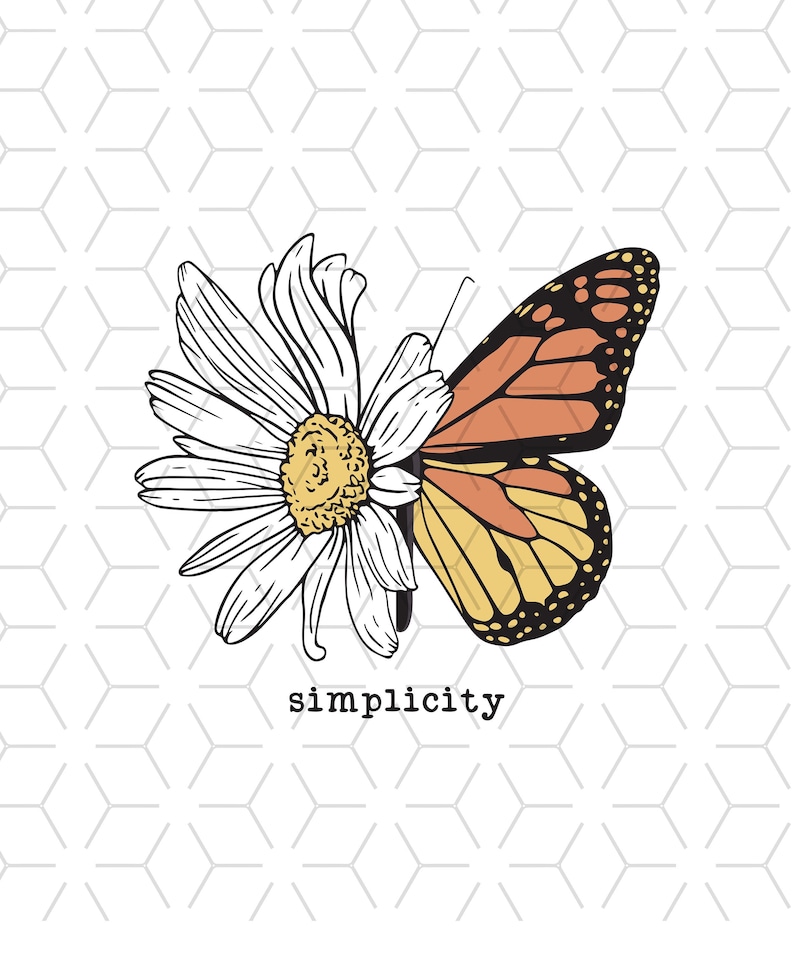 K&ouml;nnte beinhalten: Eine Schwarzwei&szlig;illustration einer G&auml;nsebl&uuml;mchen mit einem Monarchfalter auf der rechten Seite der Blume. Der Text "simplicity" befindet sich unter der Blume und dem Schmetterling.
