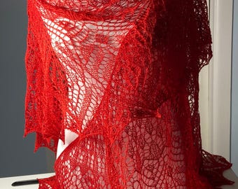 Handknit Lace Silk Shawl: Beaded Red Triangular Wrap