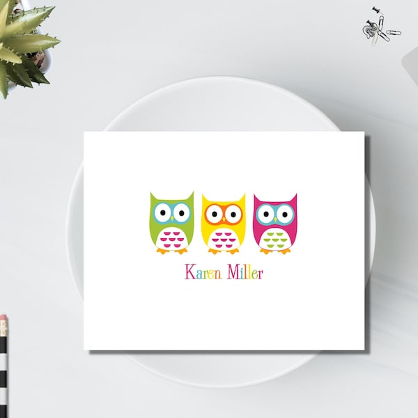 Owl Personalized Stationery / Personalized Stationary / Personalized Note Cards / Stationery Set of 12 / Set of Colorful Owls Notes