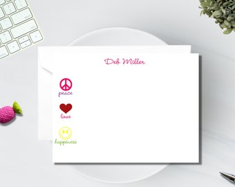 Personalized Flat Note Cards Peace Love and Happiness Stationery