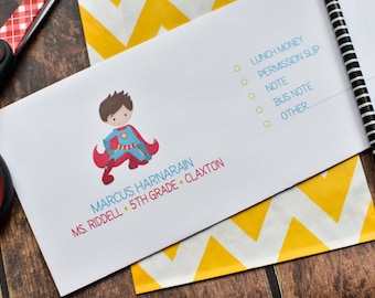 Personalized School Money Envelope for Money and Notes - Boys Super Hero Design - Personalized School Envelopes - Boys Superhero Design