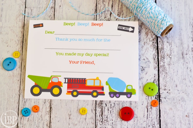 Kids Fill In the Blank Thank You Notes / Kids Thank You Notes / Childrens Big Trucks Thank You Note Cards / Fill In The Blank Big Trucks image 3