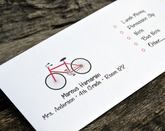 Personalized School Money Envelope for Money and Notes-Red Bike Design