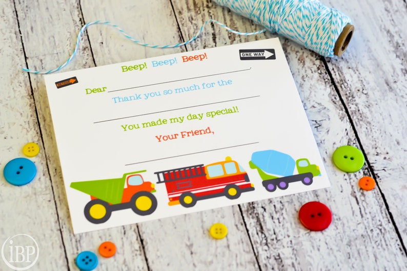 Kids Fill In the Blank Thank You Notes / Kids Thank You Notes / Childrens Big Trucks Thank You Note Cards / Fill In The Blank Big Trucks image 1
