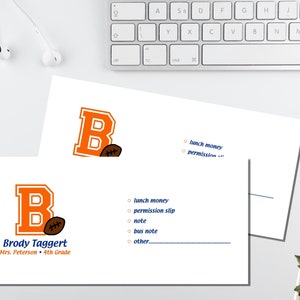 Personalized School Money Envelope for Money and Notes Sports Design Personalized School Envelopes Boys Football image 2