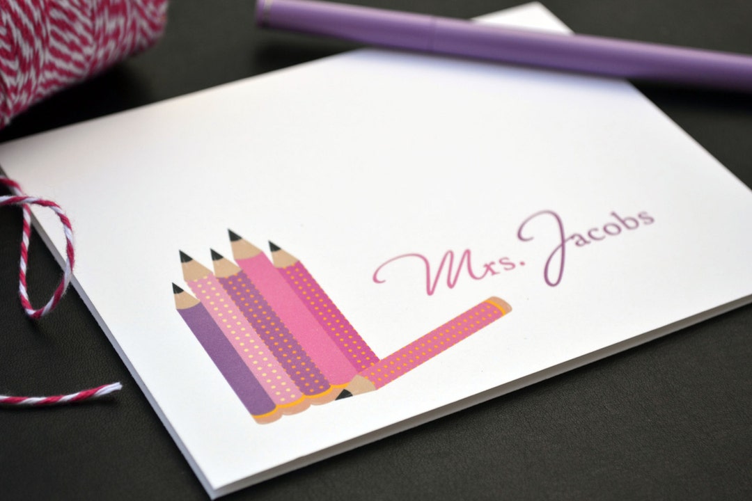 Personalized Teacher Note Card Set – Pink & Purple Pencil Design - Etsy