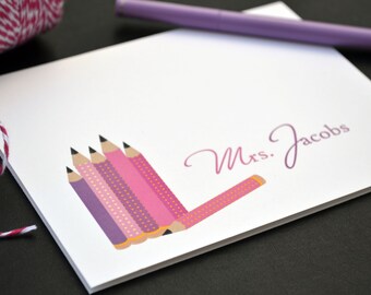 Personalized Teacher Note Card Set – Pink & Purple Pencil Design