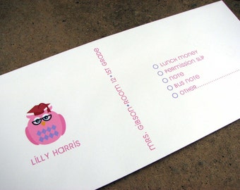 Personalized School Envelope Pink and Purple Owl Money and Note Envelopes