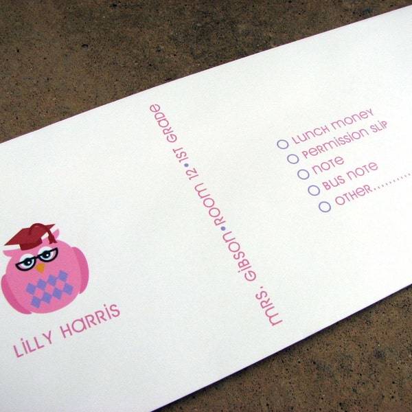 Personalized School Envelope Pink and Purple Owl Money and Note Envelopes