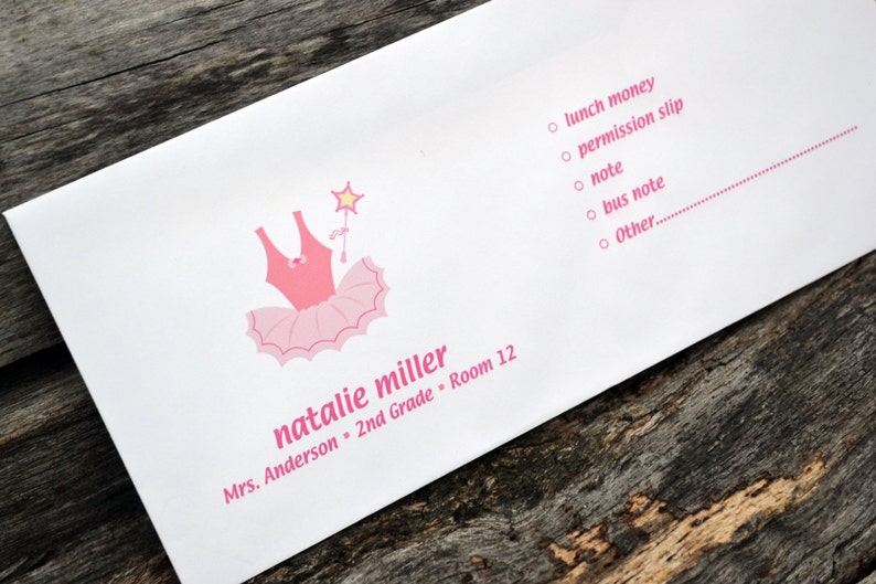 Personalized School Money Envelope for Money and Notes Ballerina Tutu Design Personalized School Envelopes Ballet Envelopes image 1