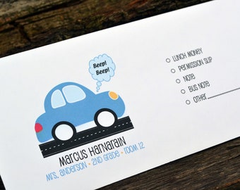 Personalized School Money Envelope for Money and Notes-Blue Car Design