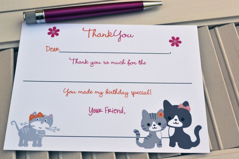 Kids Fill In the Blank Thank You Notes / Kids Thank You Notes / Childrens Kitty Cat Thank You Note Cards / Fill In The Blank Kitty Cat Notes image 3