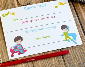 Kids Fill In the Blank Super Hero Thank You Notes / Kids Thank You Notes / Childrens Superhero Thank You Note Cards / Fill In The Blank Card