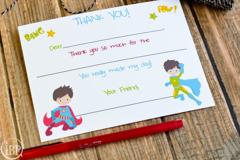 Kids Fill In the Blank Super Hero Thank You Notes / Kids Thank You Notes / Childrens Superhero Thank You Note Cards / Fill In The Blank Card image 1