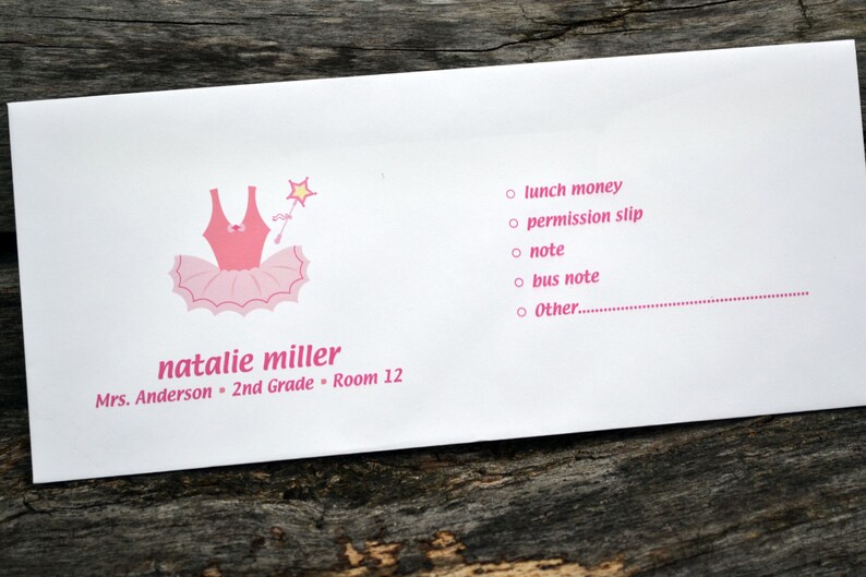 Personalized School Money Envelope for Money and Notes Ballerina Tutu Design Personalized School Envelopes Ballet Envelopes image 2