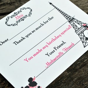 Kids Paris Thank You Notes – Fill-in-the-Blank Cards – Set of 12 Stationery – Paris Party Favors – Eiffel Tower Design