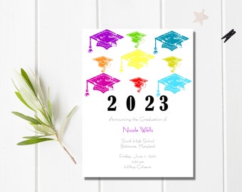 Graduation Party Invitation / Graduation Announcement / Class of 2023 / Graduation Party Invite / Announcement 2023 / Colorful Caps