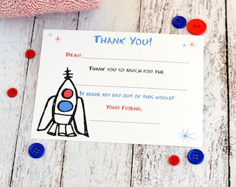 Kids Fill In the Blank Thank You Notes / Kids Thank You Notes / Childrens Thank You Note Cards / Fill In The Blank Space Ship Design