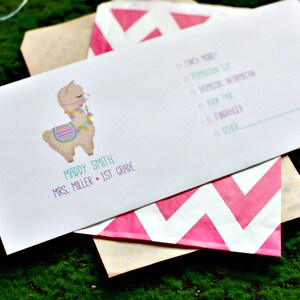 Personalized Back to School Llama Envelopes / Custom School Money Envelopes / Llama Notes / School Notes Envelopes / Cute Llama Stationery