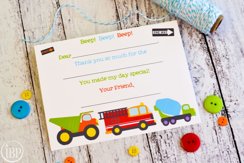 Kids Fill In the Blank Thank You Notes / Kids Thank You Notes / Childrens Big Trucks Thank You Note Cards / Fill In The Blank Big Trucks image 2