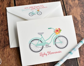 Bicycle Stationery - Personalized Bike Note Cards - Beach Bike Notecards - Bike Stationery - Aqua Bicycle Stationery Set of 12 Cards