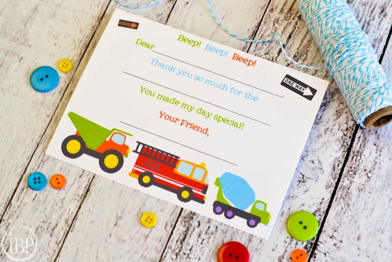 Kids Fill In the Blank Thank You Notes / Kids Thank You Notes / Childrens Big Trucks Thank You Note Cards / Fill In The Blank Big Trucks image 4