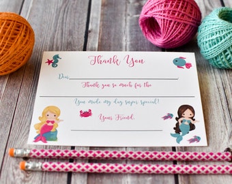 Mermaid Fill In the Blank Thank You Note / Mermaid Thank You Note Set of 12 / Childrens Thank You Note Card / Fill In The Blank Mermaid