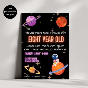 Lot d'invitations à une fête d'anniversaire sur le thème de l'espace : faire-part, cartes de remerciement et poster de bienvenue. Ensemble d'invitation d'anniversaire d'astronaute.