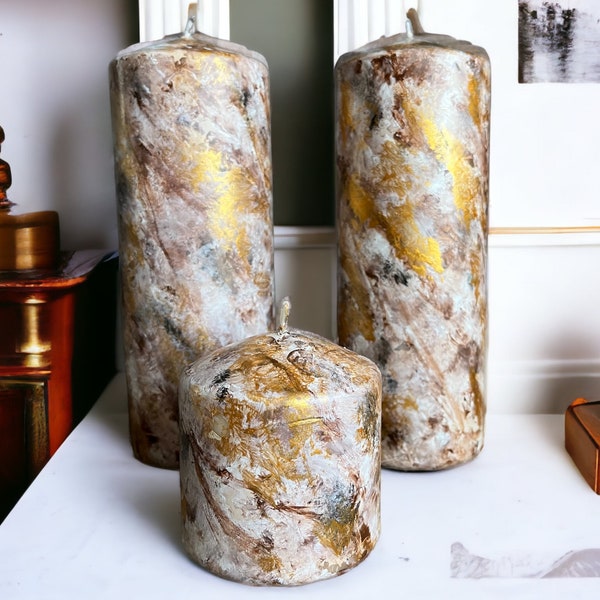 Pillar Candle Gold accent on Brown, Cream: GOLD optional hand Painted marbled candle 3,4,6,8,12 x 3