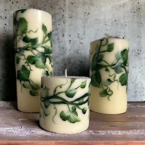 Ivy Vines pillar candle 3&quot;x 3&quot;, 4, 6, 8 o r 12 inch candles, Leaves Vines  Ivy decorative pillar