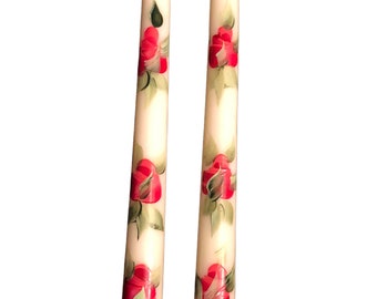 10"  Red, coral roses taper candles, white background Hand painted decorative white roses Valentines day table Decoration, pair