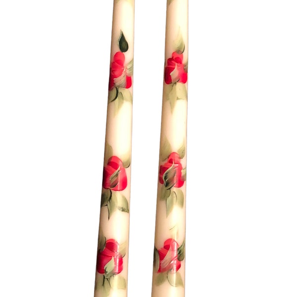 10"  Red, coral roses taper candles, white background Hand painted decorative white roses Valentines day table Decoration, pair