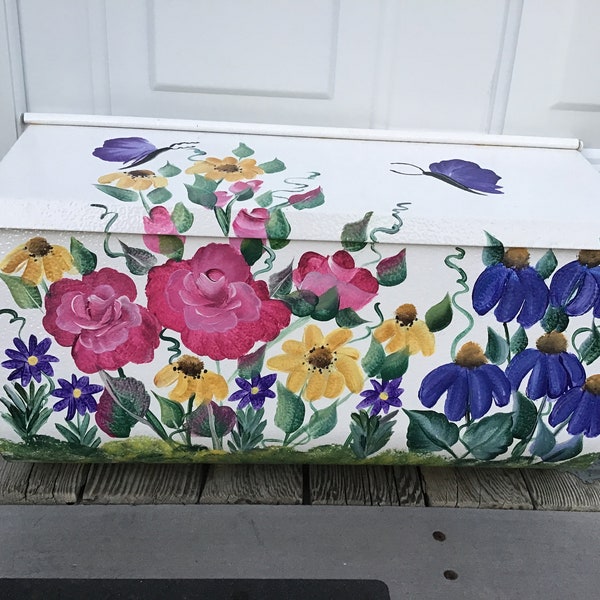 Wildflowers Roses mailbox, hand painted White horizontal house wall mount mailbox, Roses, daisies and purple coneflowers Mothers Day Gift