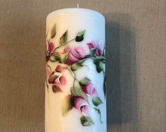 Roses pillar candle 3x 3, 4, 6, 8 o r 12 inch candles, Christening, Valentine's Day, Wedding decorative pillar Pink or Red