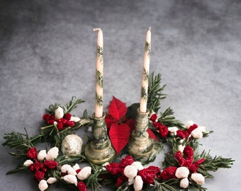 CHRISTMAS CANDLES TAPERS Evergreens and berries