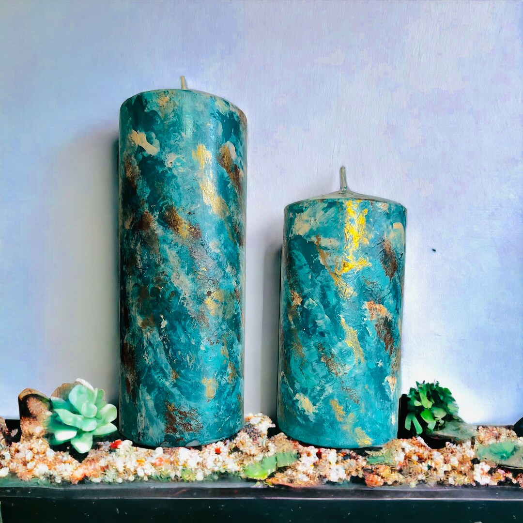 pillar-candle-teal-gold-accents-option-3-4-6-8-12-inch-high-x-3-inch