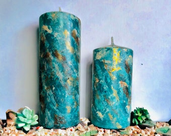 Pillar Candle Teal, Gold accents Option,l 3x 3,4,6,8,12 inch or 4x4, beachy theme home decor bluegreen