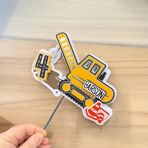 Construction Birthday 3D Cake Topper Custom Name & Age - Boy Party Theme Cake Topper - Construction Crane Cake Topper- Heavy Equipment