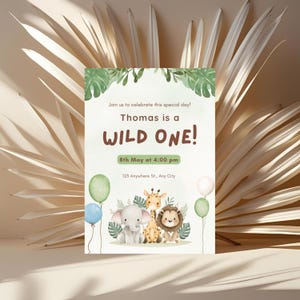 Wild One Birthday Invitation: Safari Jungle Animals, First Birthday (Digital Download)