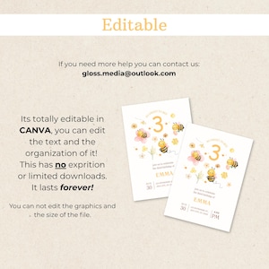 May include: Two white birthday invitations with a bee theme. Each invitation features a large number 3, cartoon bees, and floral accents. The text on the invitations is editable in Canva.