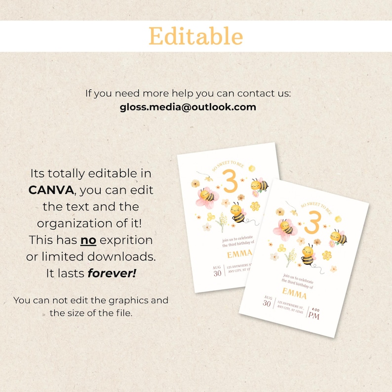 May include: Two white birthday invitations with a bee theme. Each invitation features a large number 3, cartoon bees, and floral accents. The text on the invitations is editable in Canva.