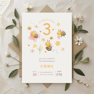 Sweet Bee Third Birthday Invitation: Editable Party Invite (Digital Download