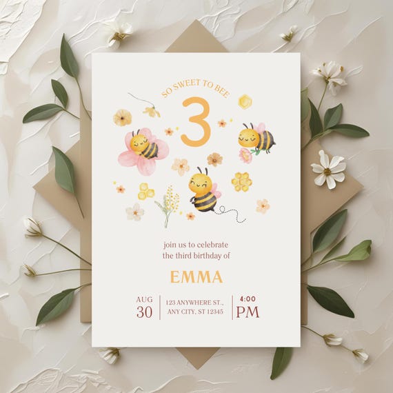 Sweet Bee Third Birthday Invitation: Editable Party Invite (Digital Download