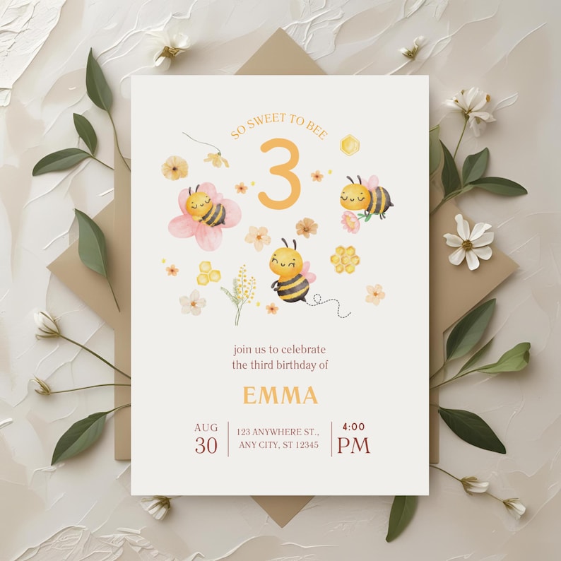 Sweet Bee Third Birthday Invitation: Editable Party Invite (Digital Download