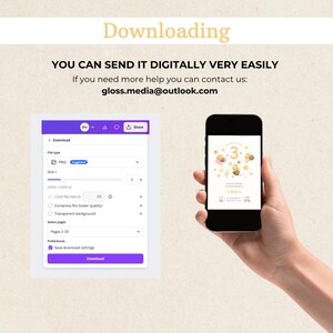 May include: A smartphone displays a digital invitation with bee graphics. The screen shows the number 3, the name "EMMA", and the time "4:30 PM". The image also shows a download interface with options for file type, size, and other settings.